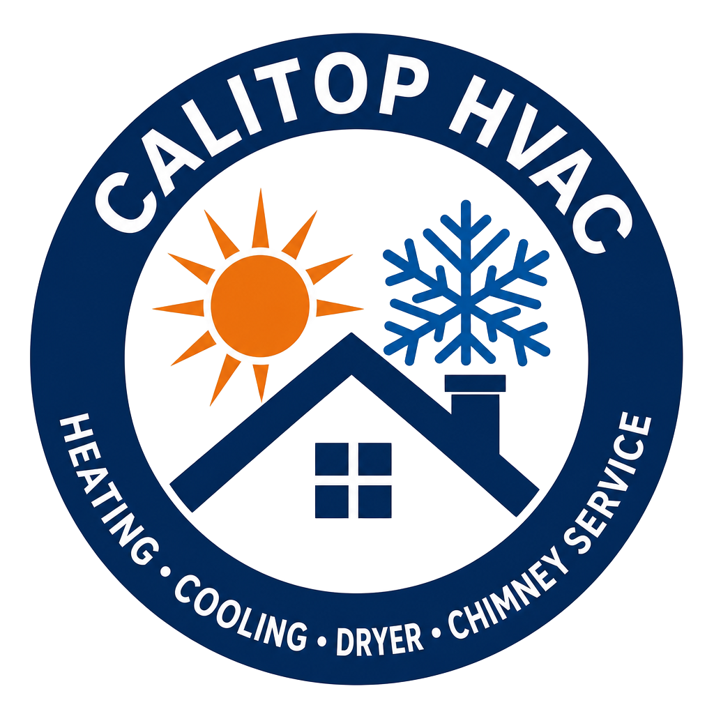 CaliTop HVAC round badge: heating, cooling, dryer, chimney service