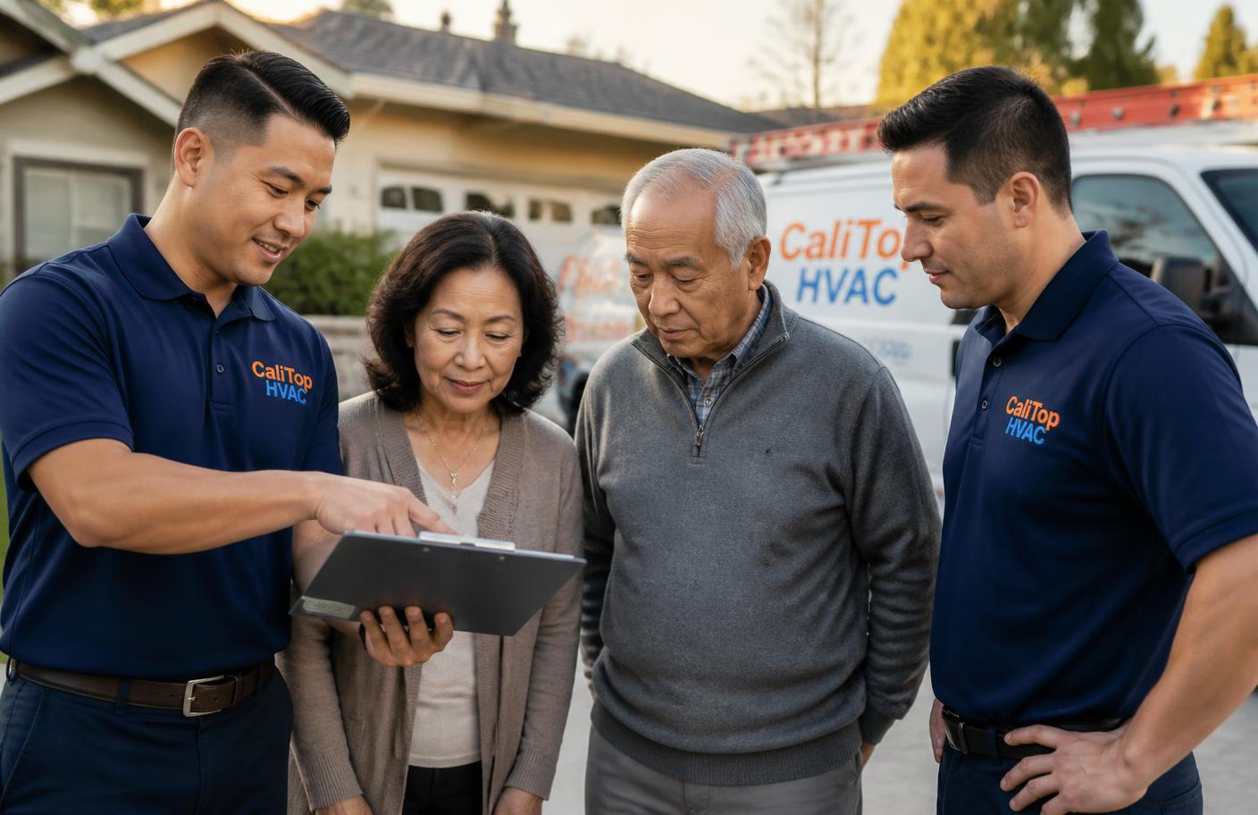Two CaliTop HVAC technicians in branded uniforms reviewing a service plan with a homeowner couple