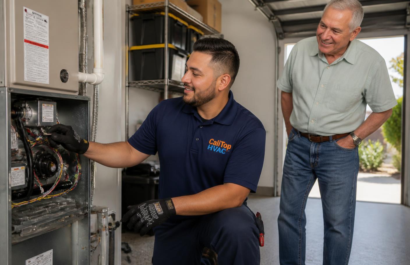 CaliTop HVAC technician in a branded uniform shirt servicing a furnace while the homeowner watches