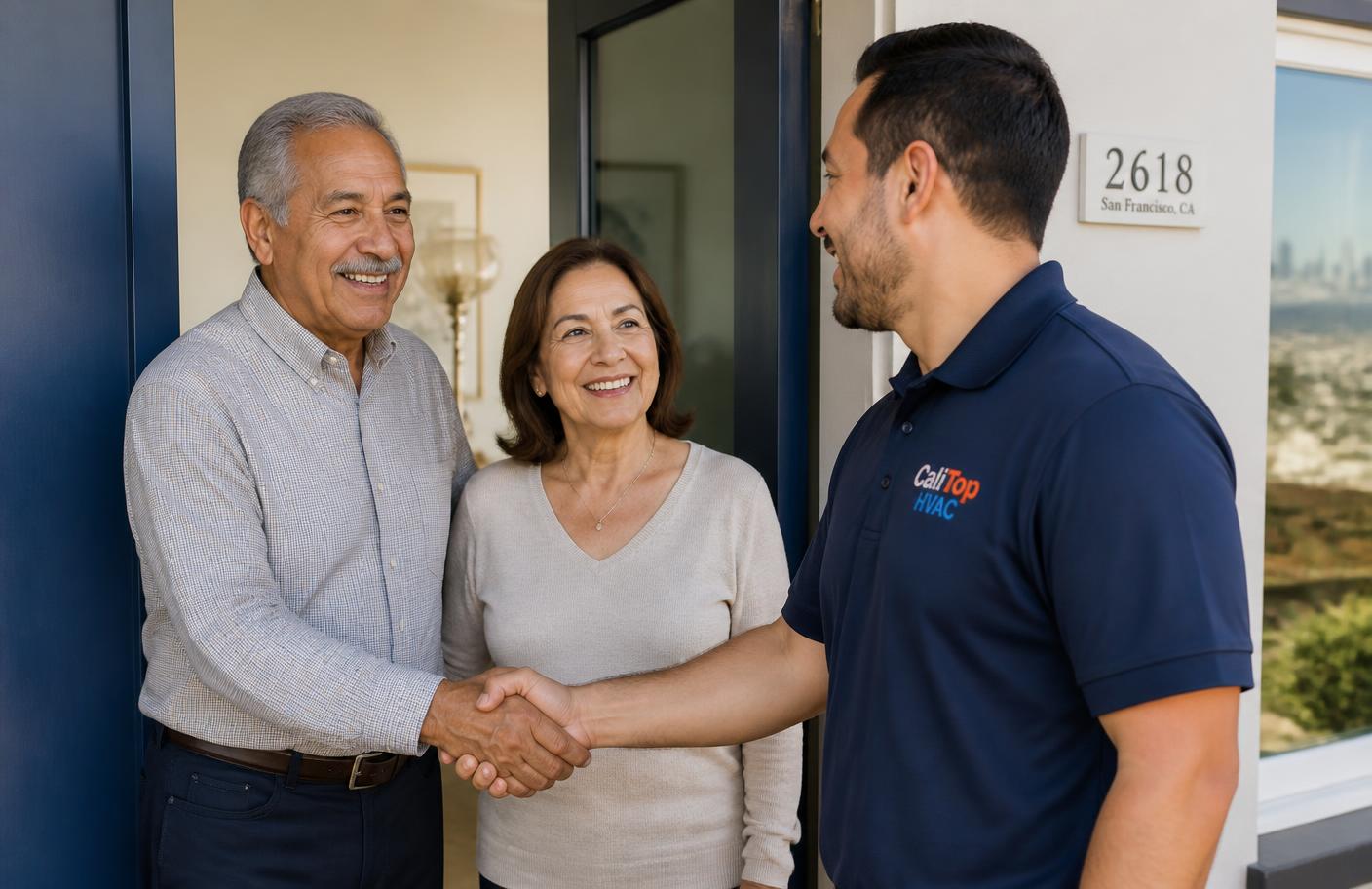 CaliTop HVAC technician in a branded uniform shirt shaking hands with homeowners at their San Francisco home