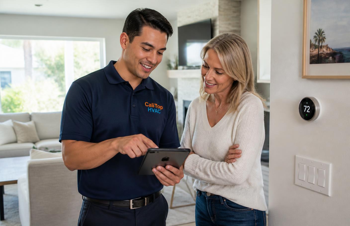 CaliTop HVAC technician in a branded uniform shirt showing a homeowner her thermostat settings