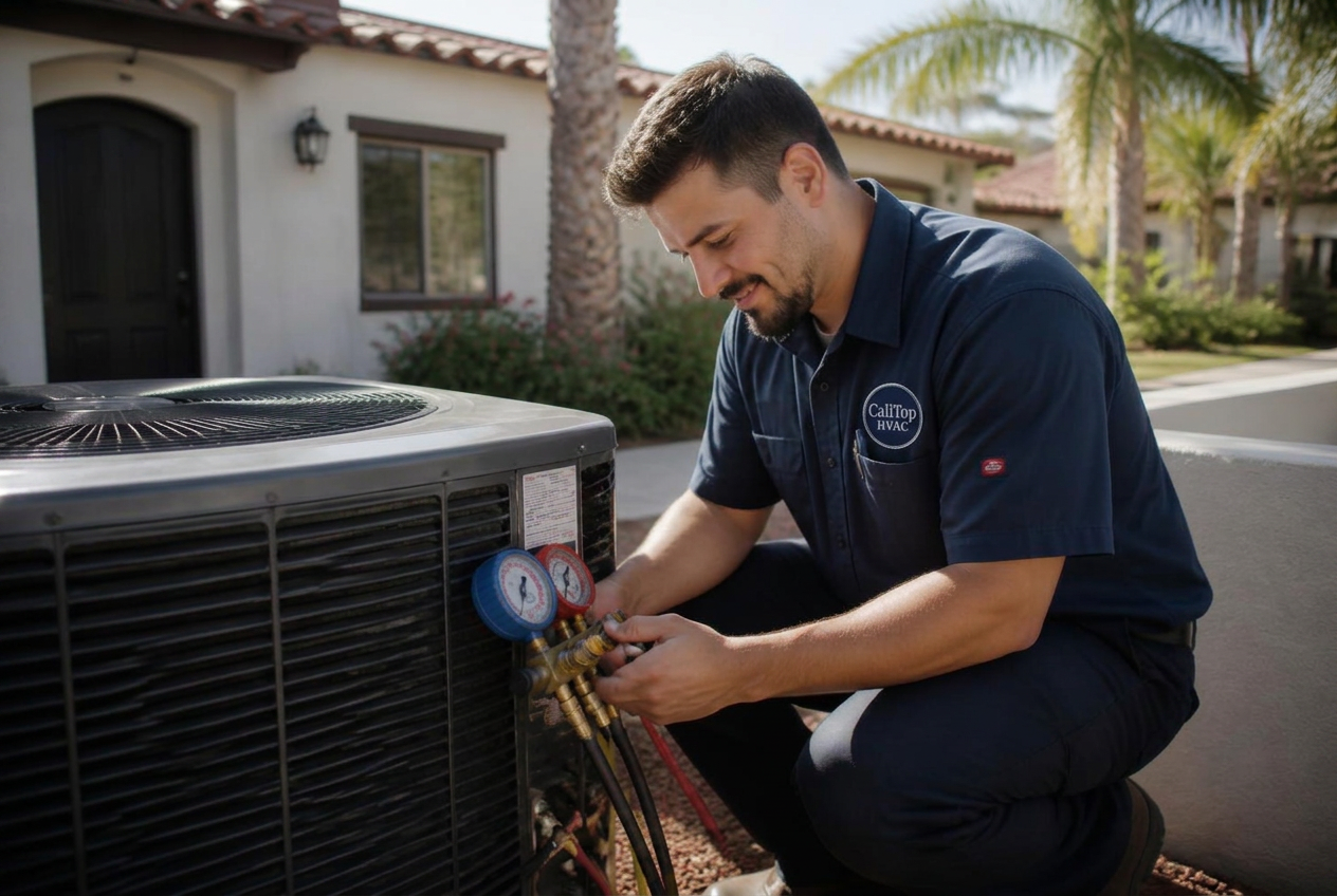 CaliTop HVAC technician in a branded uniform servicing an air conditioning unit at a Southern California home