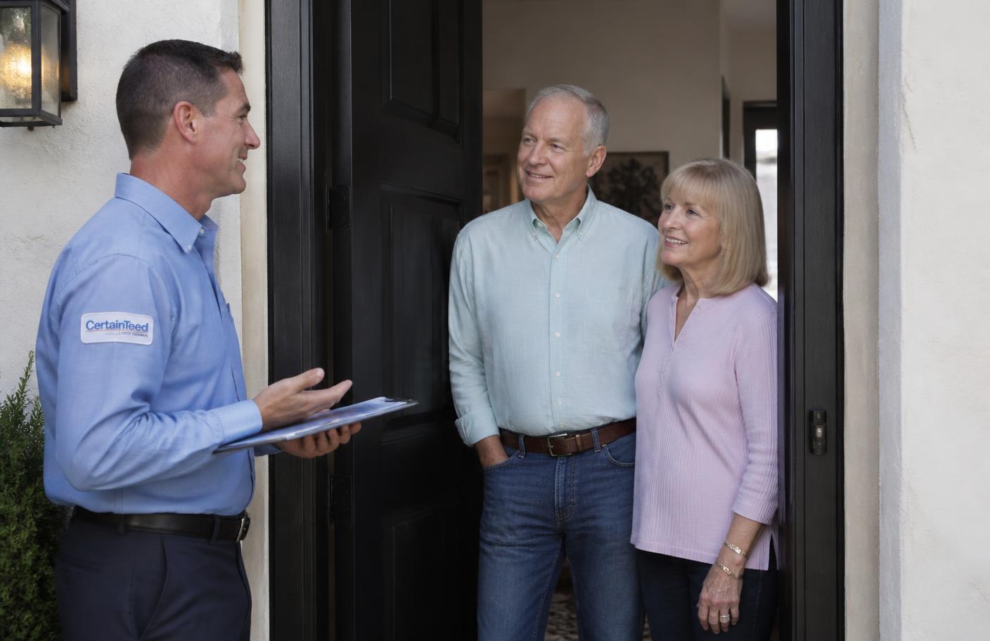 CaliTop HVAC technician talking with homeowners at the front door of their Los Angeles home