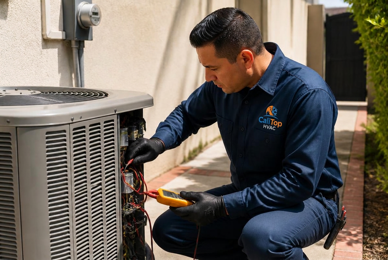 CaliTop HVAC technician in a branded uniform shirt testing an air conditioning unit with a multimeter