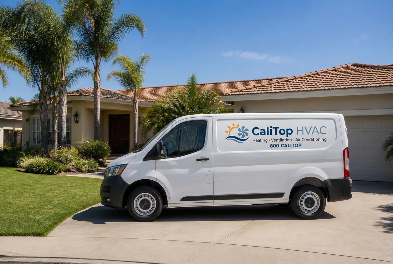 CaliTop HVAC branded service van parked in the driveway of a Southern California home